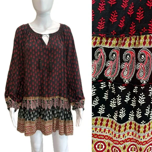 Beachlunchlounge Floral Paisley Mixed Print Peasant Tunic Size XL Long Sleeve - Picture 1 of 13